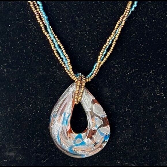 Brown and Turquoise Seed Beaded Necklace with Abstract Glass Loop Pendant - Picture 2 of 5